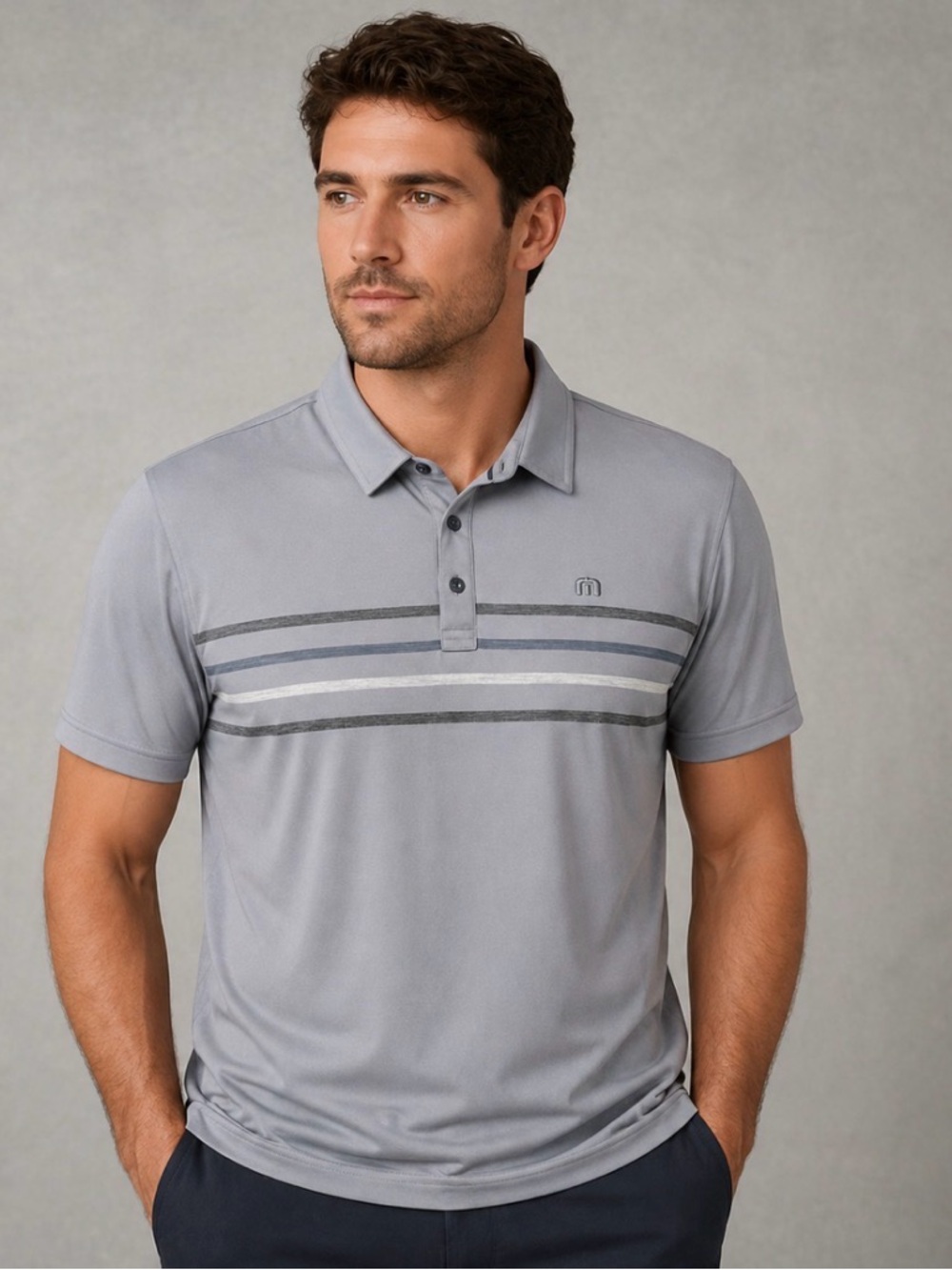 Travis Mathew Grey Polo with Horizontal Stripe Detail